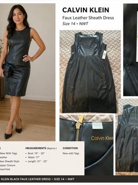 Calvin Klein Black Faux Leather Sheath Dress Size 14 NWT Sleeveless